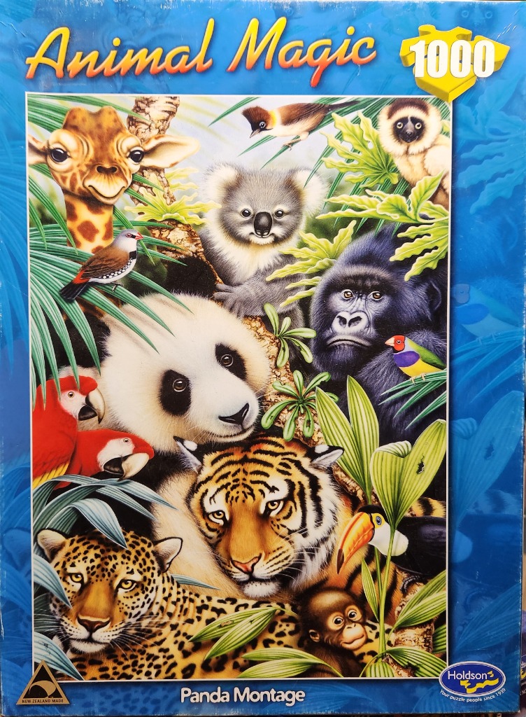 A montage of various wild animals including a panda, tiger, leopard, gorilla, and giraffe among lush green foliage.