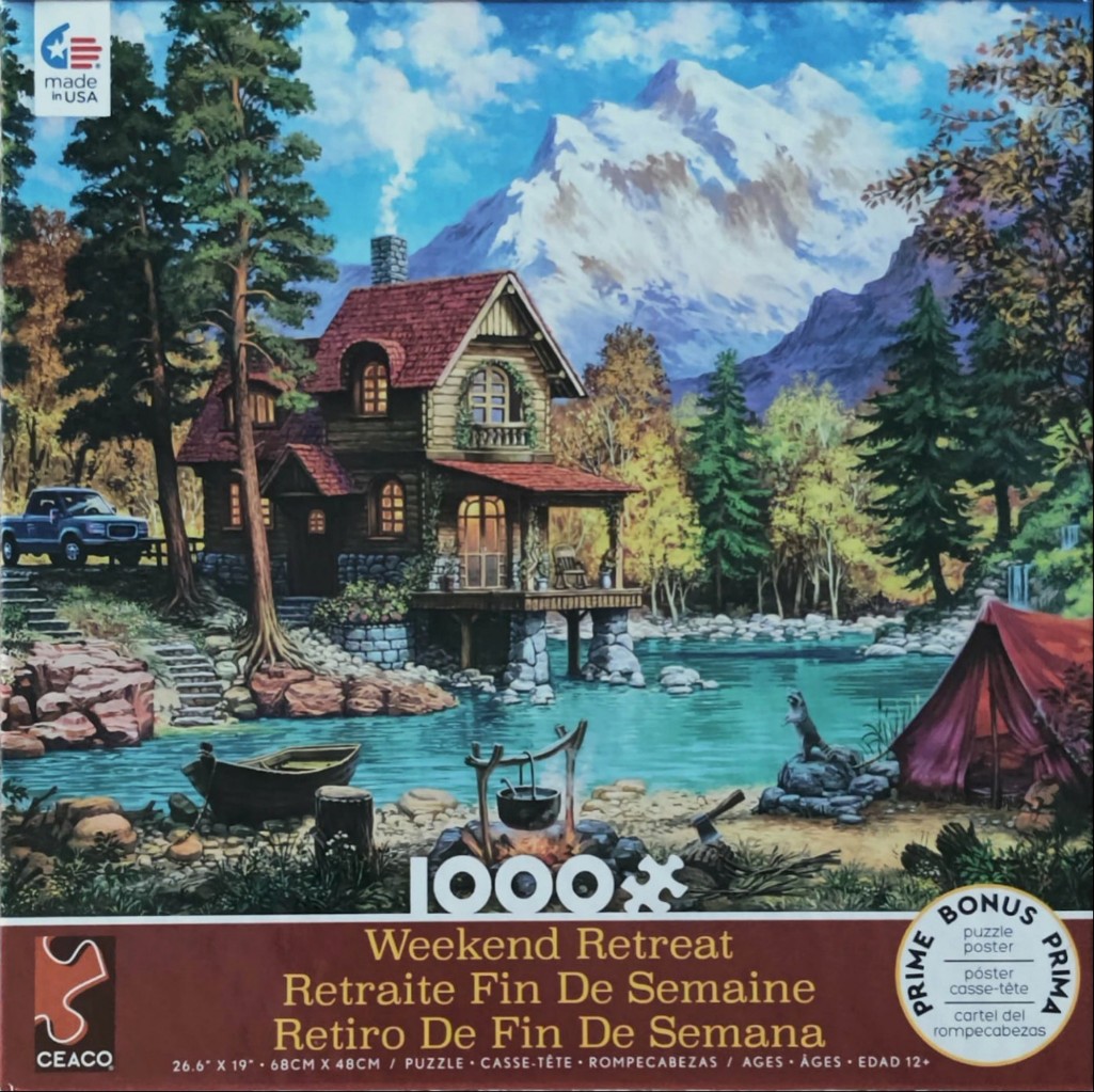 A peaceful lakeside cabin scene with mountains in the background, a campfire, and a tent.