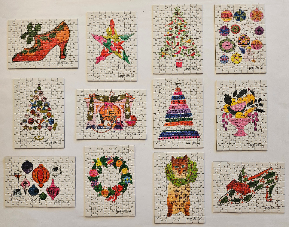 Twelve individual Christmas-themed illustrations in a grid, featuring stylized artwork by Andy Warhol.