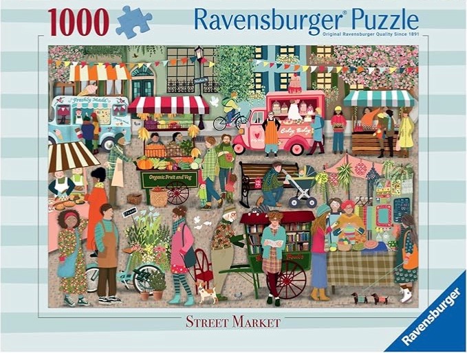 A whimsical illustrated scene of a bustling street market with stalls, food trucks, and diverse shoppers.