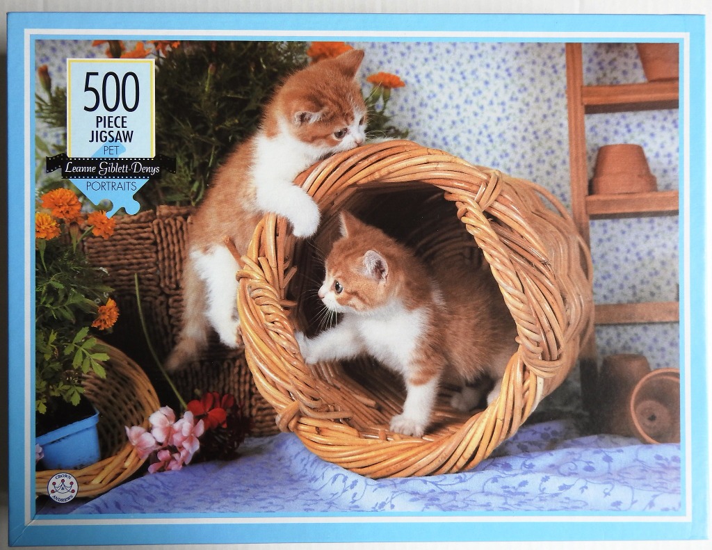 Two ginger and white kittens playing in and around a wicker tunnel with marigolds.
