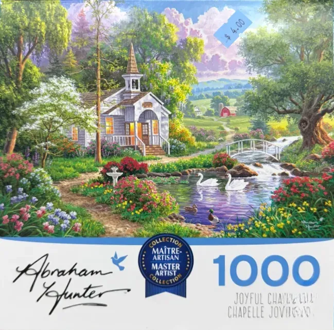 A peaceful country scene featuring a small white chapel, a pond with swans, and a vibrant garden in a lush valley.