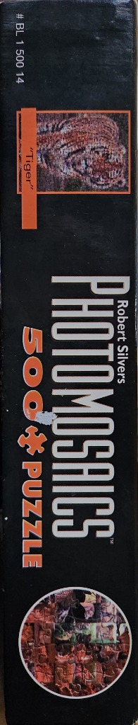 Photomosaic tiger artwork on a black box.