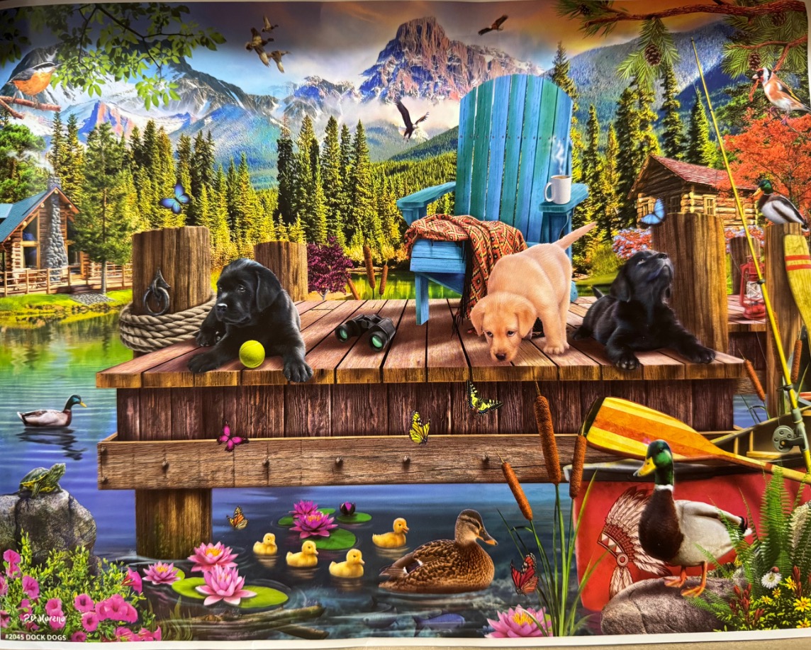 Three puppies on a wooden dock by a mountain lake surrounded by ducks, butterflies, and nature.