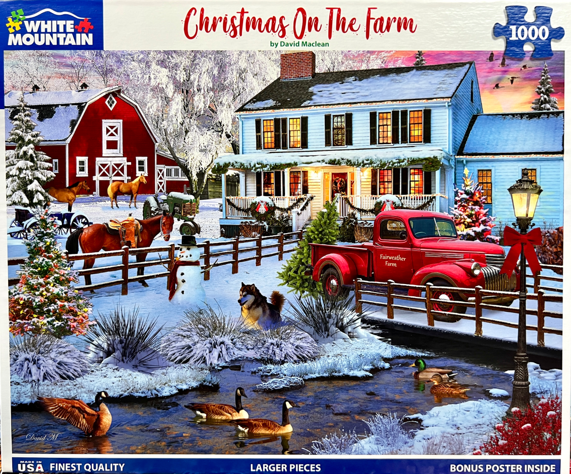A cozy winter farm scene featuring a red barn, a blue farmhouse, a red pickup truck, horses, and geese in a stream.