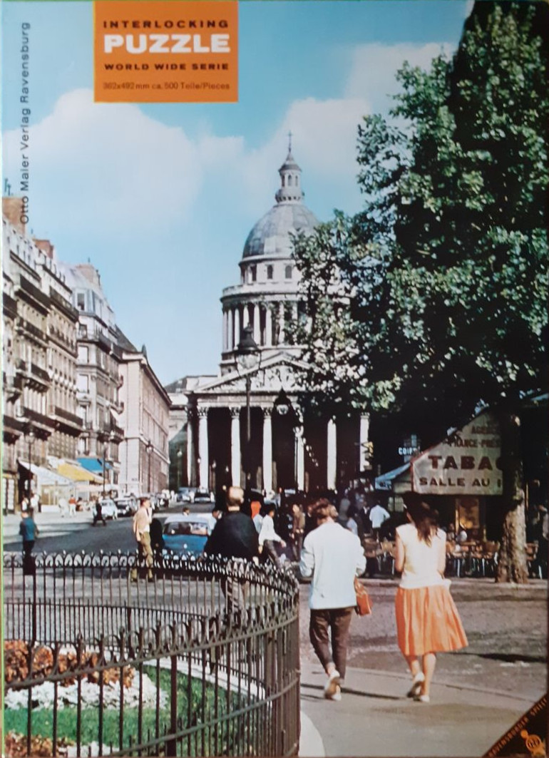A street-level photograph of the Pantheon in Paris with pedestrians walking in the foreground.