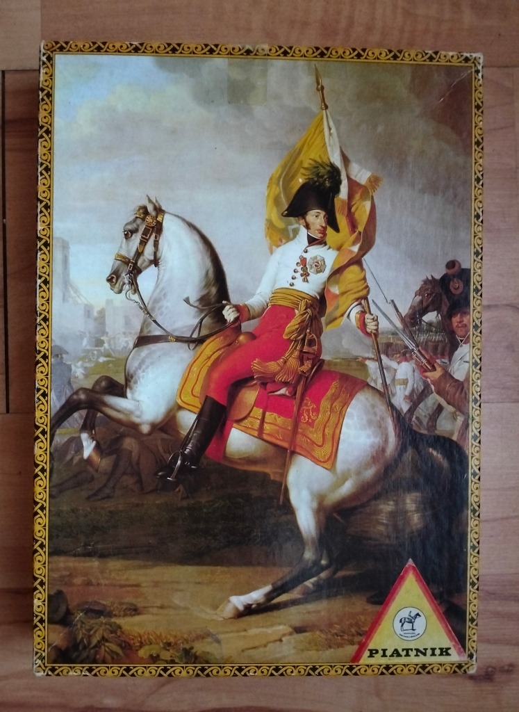 An oil painting of a Napoleonic-era cavalry officer on a white horse holding a large yellow and red flag.