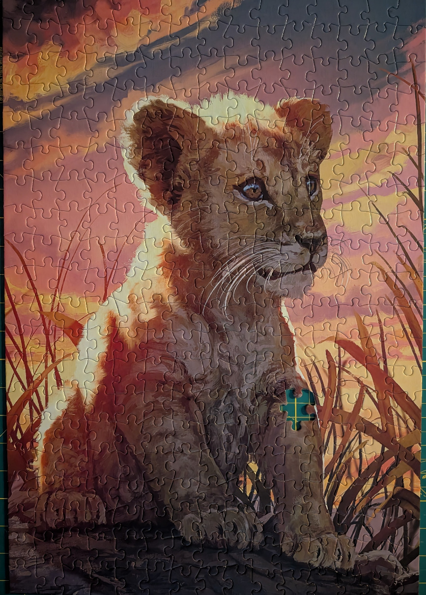 A digital illustration of a lion cub sitting in tall grass at sunset.