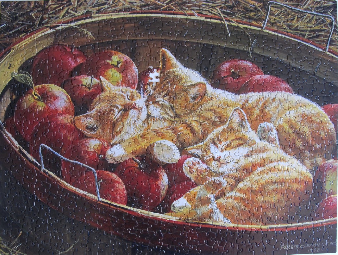 Three orange tabby kittens sleeping in a metal basket filled with red apples.
