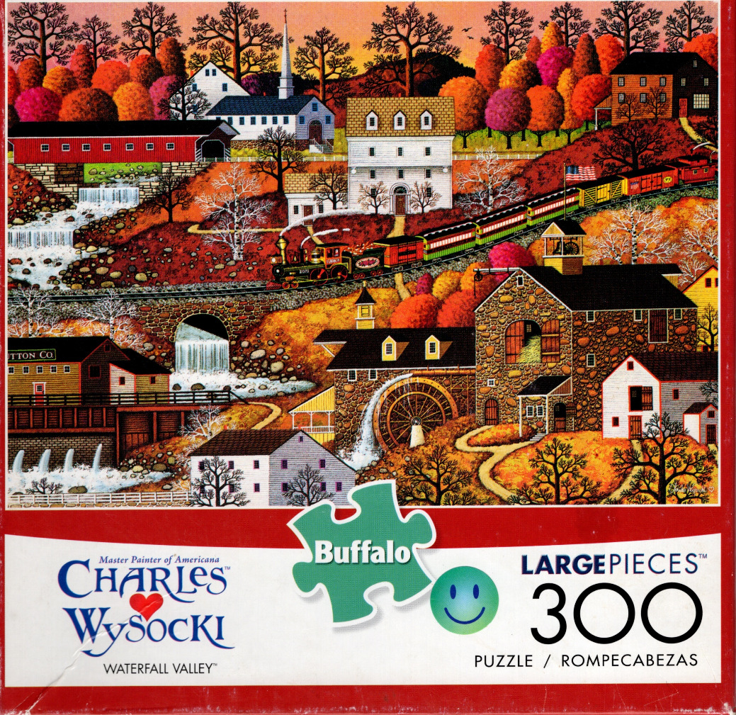 A folk art landscape painting featuring a steam train, water mill, and covered bridge during autumn.