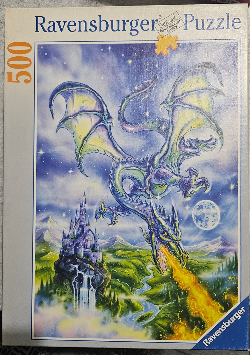 A fantasy illustration of a dragon soaring over a castle, waterfall, and moonlit landscape.