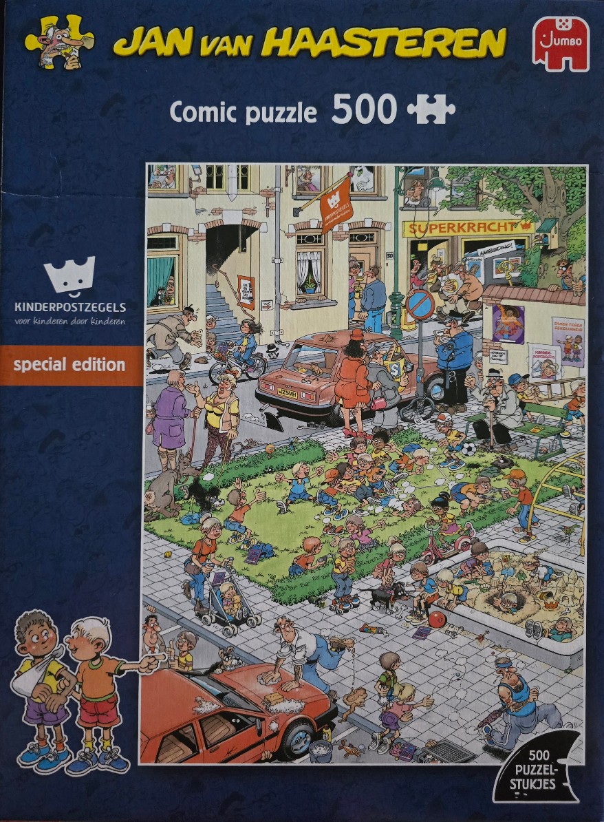 Busy cartoon street scene featuring children playing in a park and adults milling about in a humorous style.