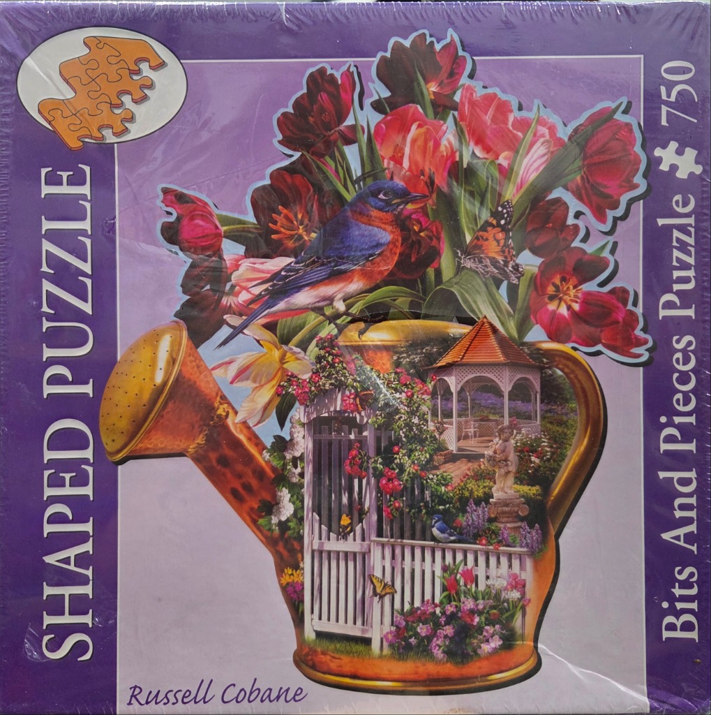 A bluebird perches on a golden watering can overflowing with vibrant red tulips, garden flowers, and a gazebo scene.