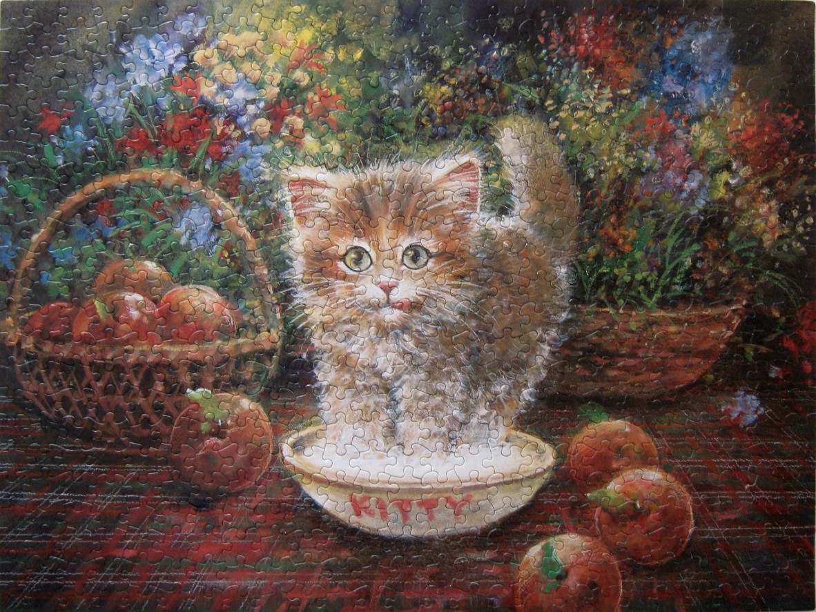 A fluffy kitten standing in a bowl of milk surrounded by apples and flowers.