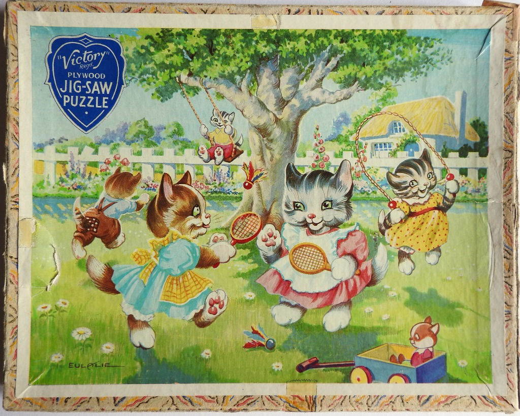 Vintage illustration of five anthropomorphic kittens playing with toys in a sunny garden.