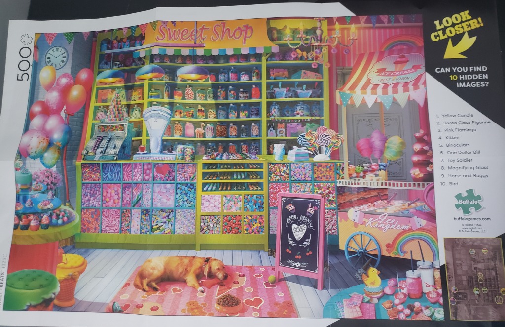 A colorful, vibrant illustration of a candy shop interior featuring shelves full of sweets and a sleeping dog.