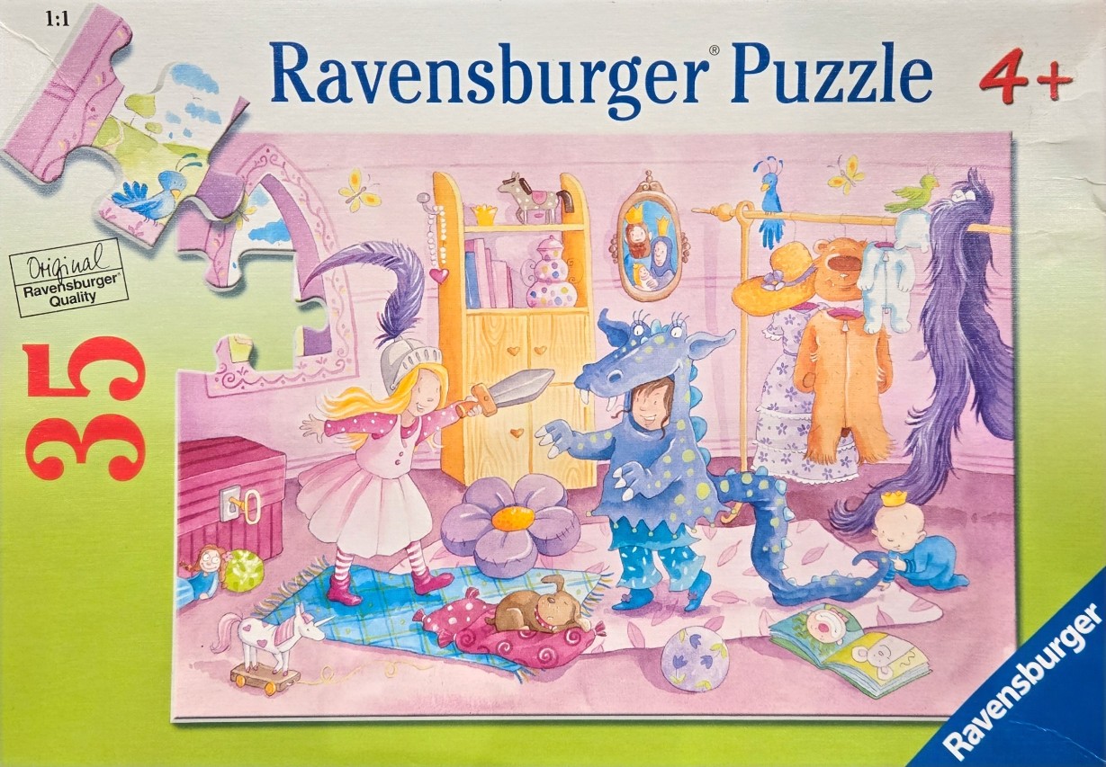 A whimsical illustration of a young girl playing knight with a boy in a dragon costume in a bedroom.
