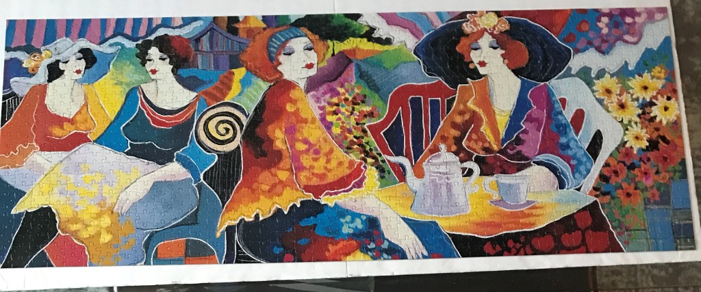 A colourful expressionist-style painting of four stylish women socializing at a garden tea party.