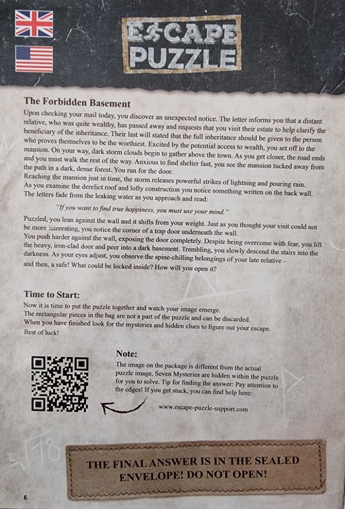 Instructional text for a mystery challenge titled The Forbidden Basement on a weathered parchment background.