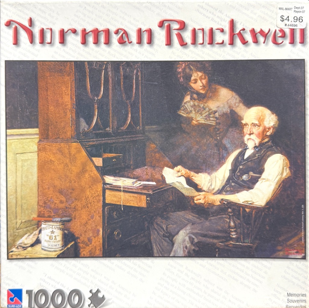 Painting of an elderly man writing at a desk with a woman holding a fan standing behind him in the shadows.