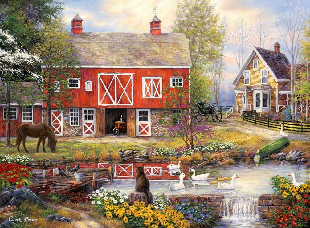 A red barn and yellow farmhouse sit by a pond filled with geese and a cat sitting on a stump.