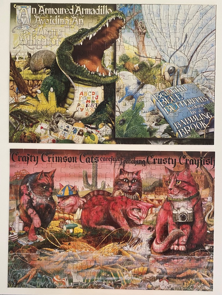 Two fantastical illustrations depicting creatures with alliterative captions featuring an armadillo, alligator, and cats.