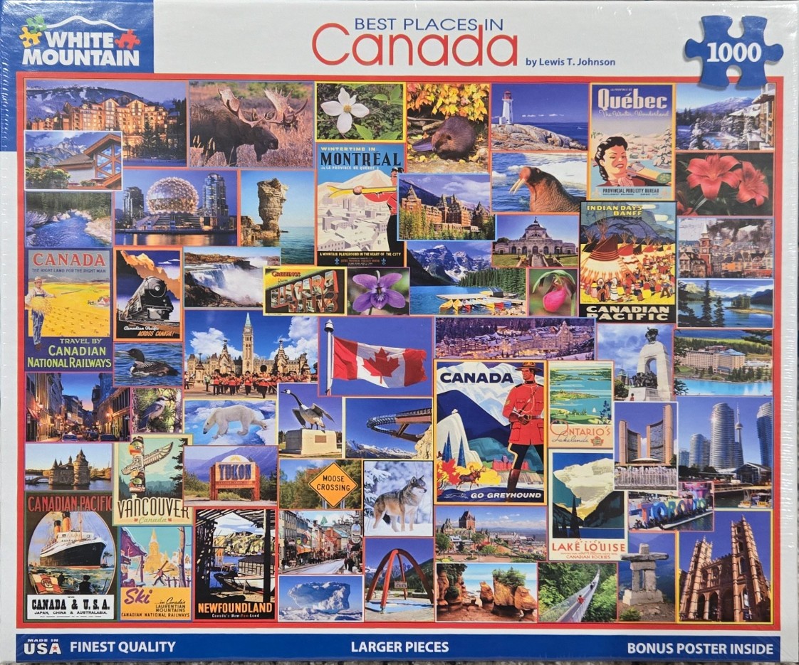 A collage of vintage-style travel posters and scenic photographs depicting various landscapes and landmarks in Canada.