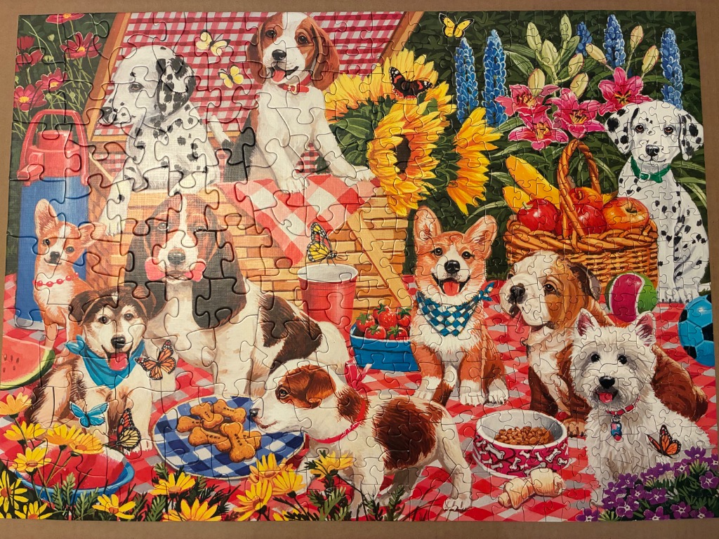 An illustration of various dog breeds gathered for a summer picnic in a garden setting.