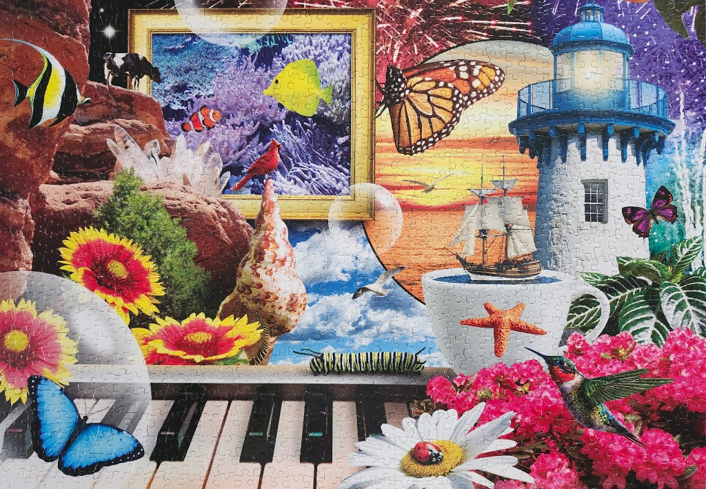 Surreal collage featuring a lighthouse, butterflies, a piano keyboard, flowers, and a framed aquarium painting.