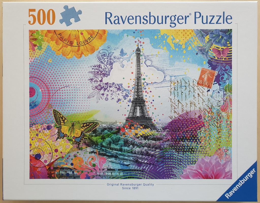 Artistic collage of the Eiffel Tower in Paris featuring colorful floral, butterfly, and postal design elements.