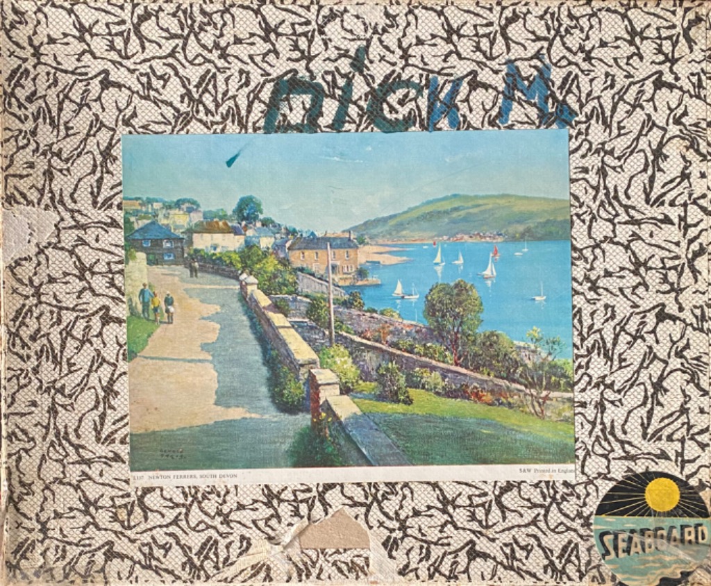 A vintage painting of the coastal village of Newton Ferrers, South Devon, surrounded by a decorative border.
