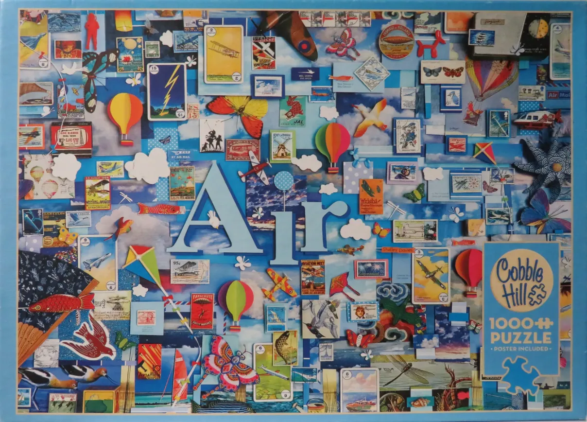 A collage titled Air featuring vintage stamps, paper airplanes, butterflies, hot air balloons, and aviation-themed imagery.