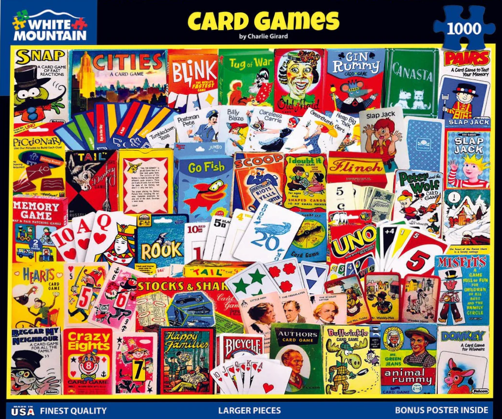 A collage of vintage and classic card game boxes and individual playing cards layered in a vibrant, colorful display.