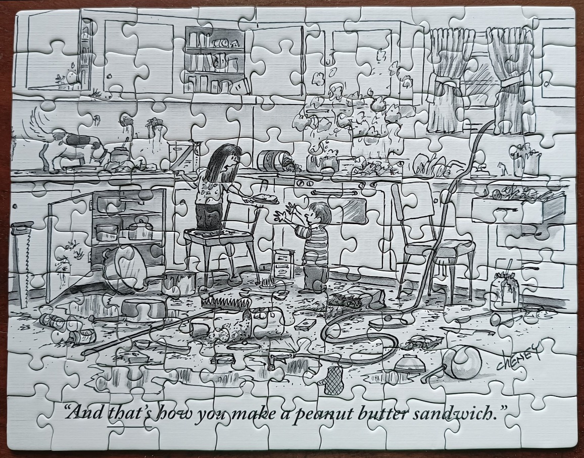 A black and white cartoon illustration of two children causing a chaotic mess in a kitchen.