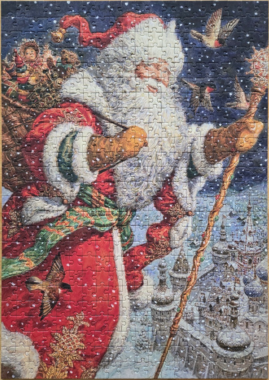 Santa Claus in a red coat and white beard holding a staff, overlooking a snowy cityscape.