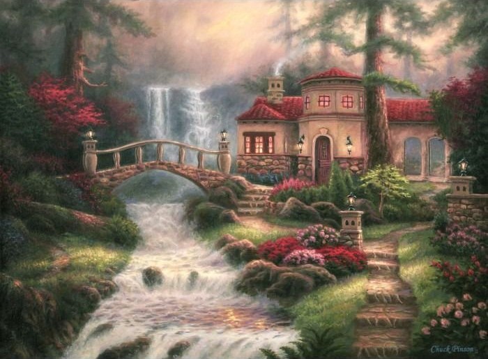 A romantic villa sits in a lush forest with a waterfall cascading into a stream beneath a stone bridge.