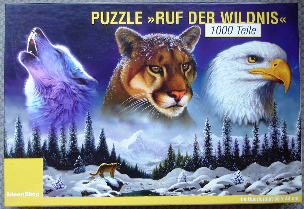 A montage of a howling wolf, a cougar, and an eagle