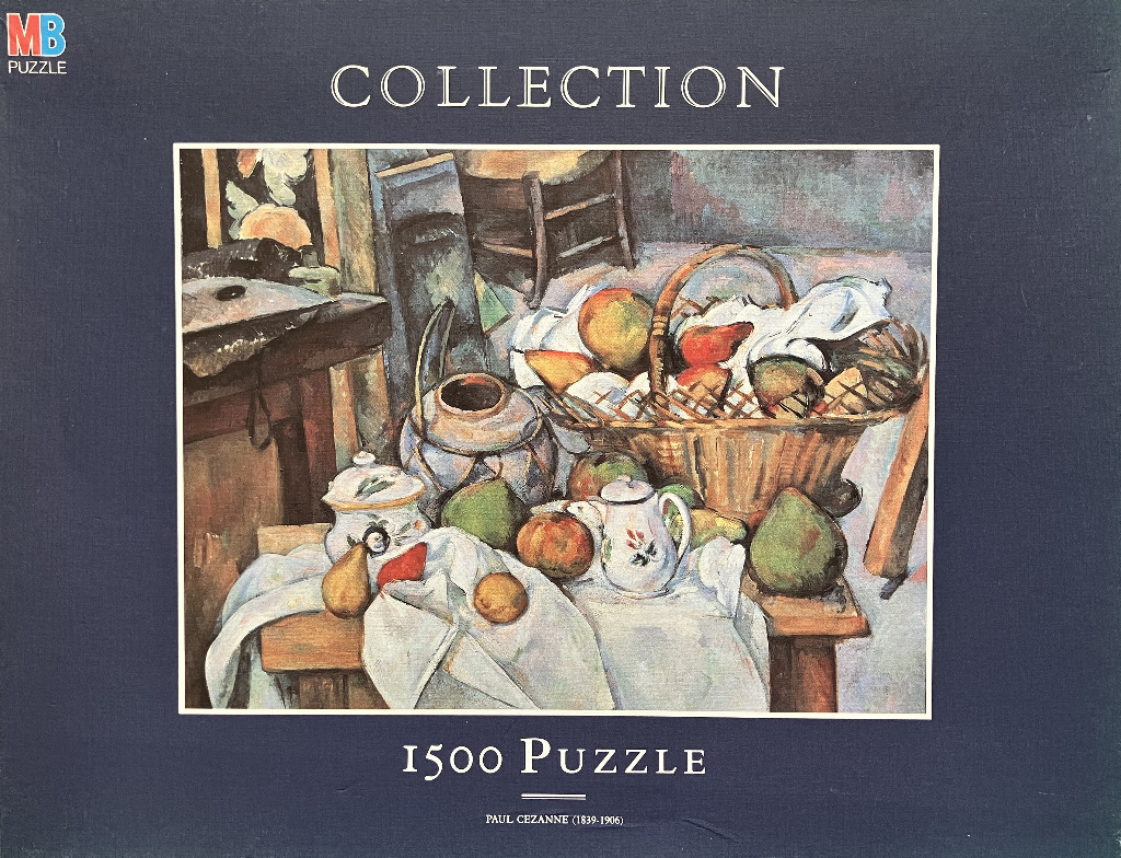 Still life oil painting by Paul Cézanne featuring a basket of fruit, a ceramic pitcher, and a table with white cloth.