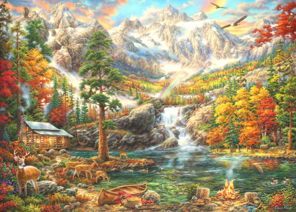 A lush, colorful autumn landscape featuring a log cabin, a mountain waterfall, and various wildlife by a lake.