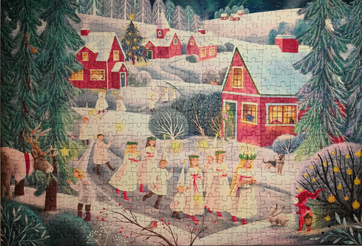 Illustration of a Saint Lucia procession in a snowy Scandinavian village at twilight.