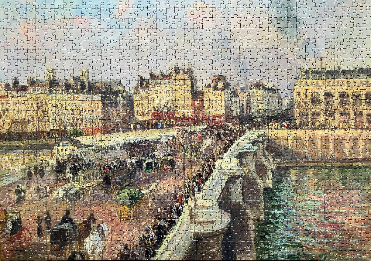 An impressionist oil painting of a busy Parisian bridge and street scene with a river in the foreground.