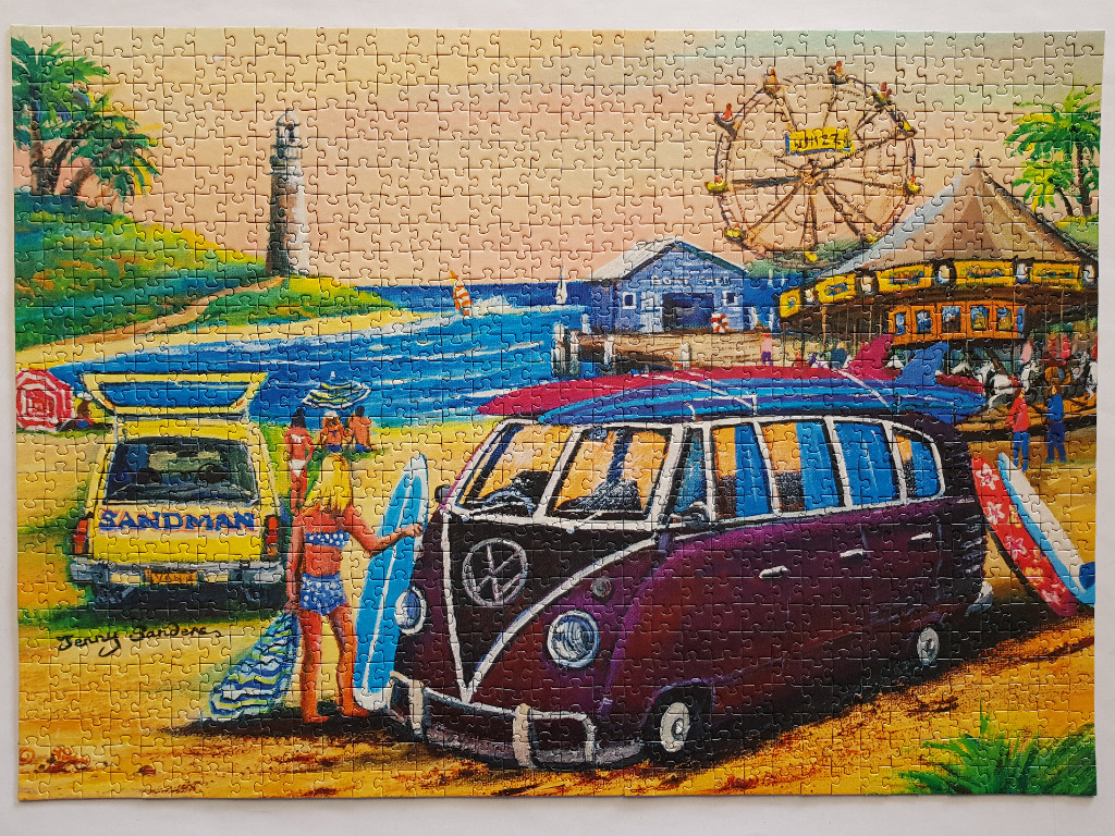 A vibrant painting of a beach scene featuring a purple vintage camper van, a yellow station wagon, and a fairground.