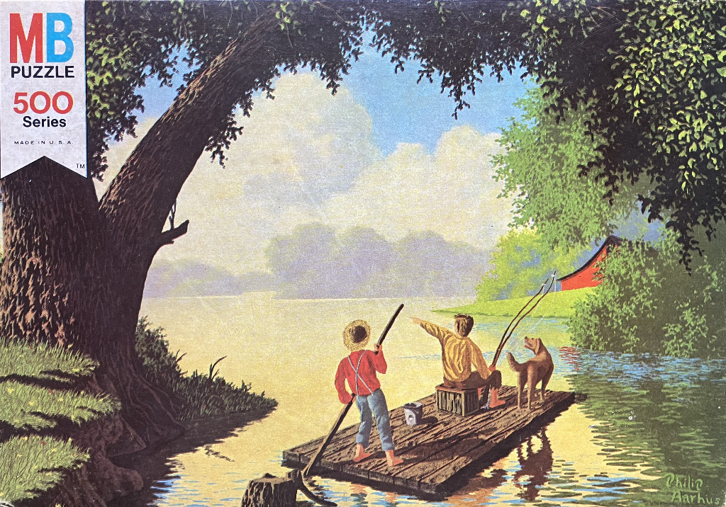 Two boys and a dog on a wooden raft fishing on a calm lake, painted in a pastoral, nostalgic style.