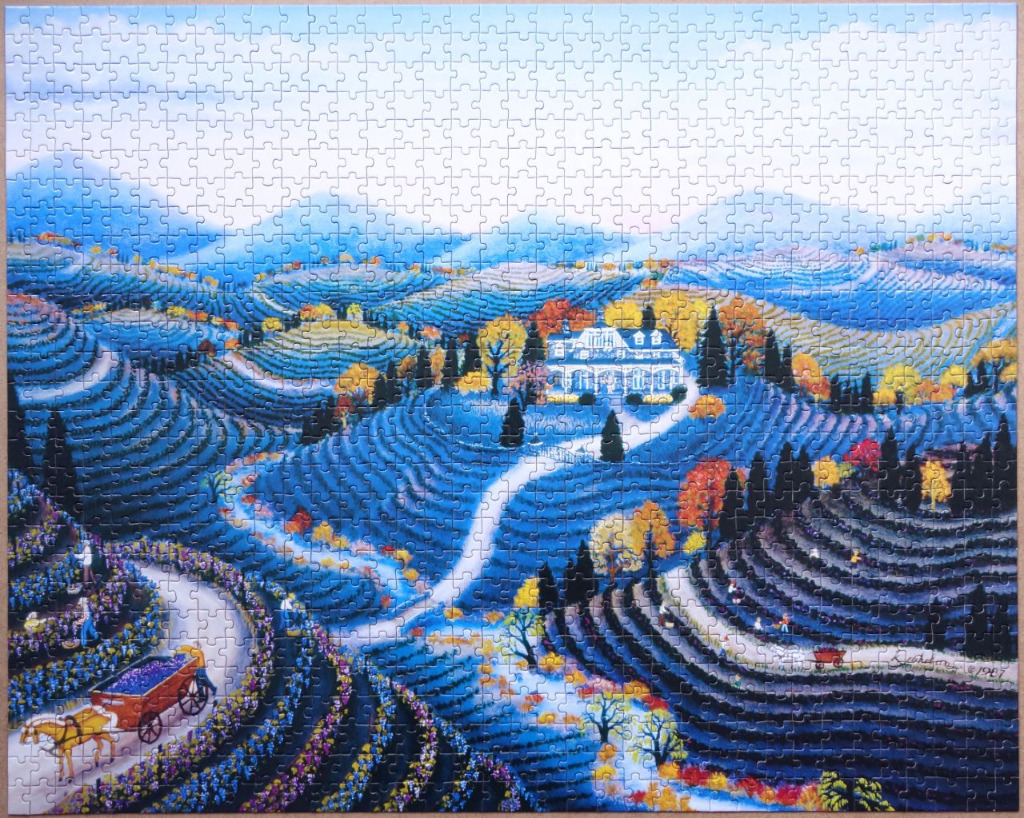 Painting of a sprawling vineyard landscape with a central manor house nestled in rolling hills.