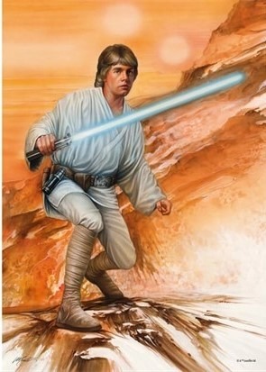 Luke Skywalker holding a glowing blue lightsaber against a desert backdrop with two suns.