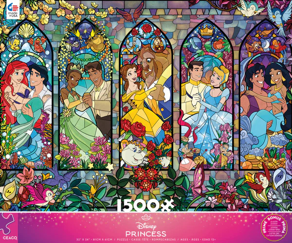 Stained glass style illustration featuring five romantic couples from animated fairy tales.