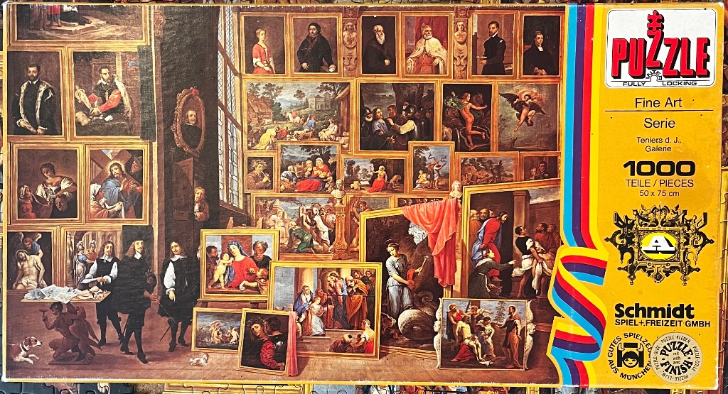 An oil painting depicting a grand gallery filled with numerous framed Renaissance and Baroque-style artworks.