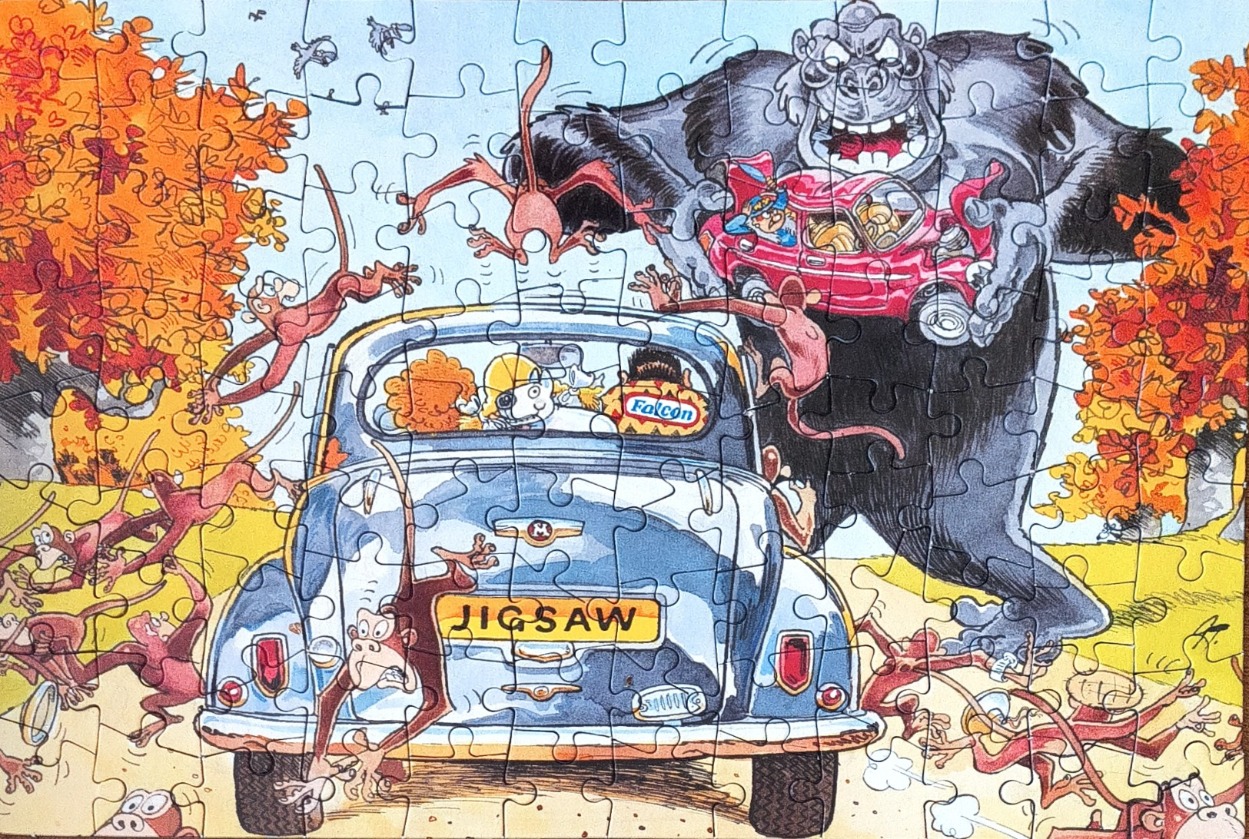 Cartoon gorilla, monkeys, and car with people. Vibrant autumn colors.
