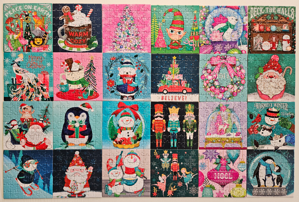 A collage of 24 festive Christmas-themed illustrations in a grid layout.