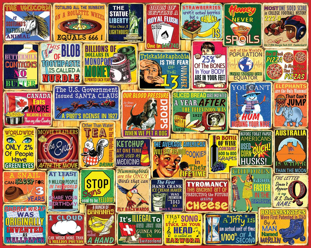 A collage of vintage-style signs featuring quirky trivia facts and retro illustrations.